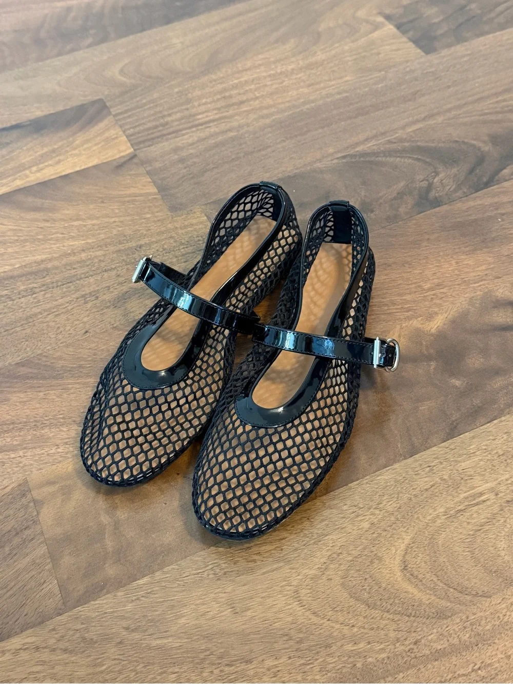 Women’s Black Mesh Mary Jane Flats with Patent Strap
